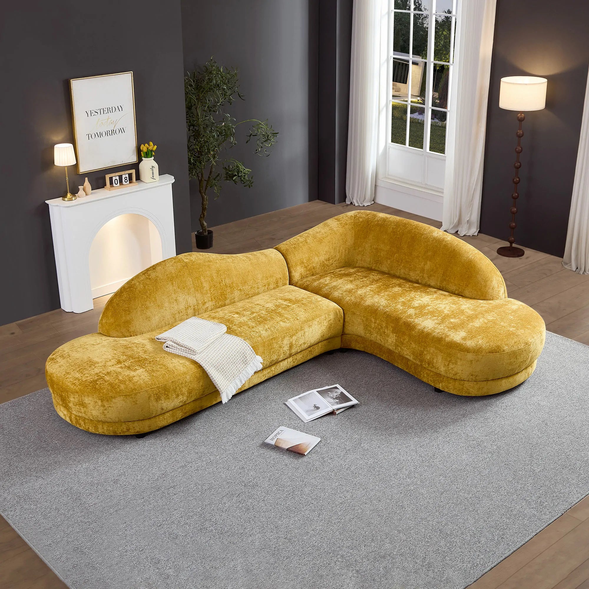 113.78" Mid-Century Chaise Sofa – Right Facing, Upholstered, Yellow - Image 17