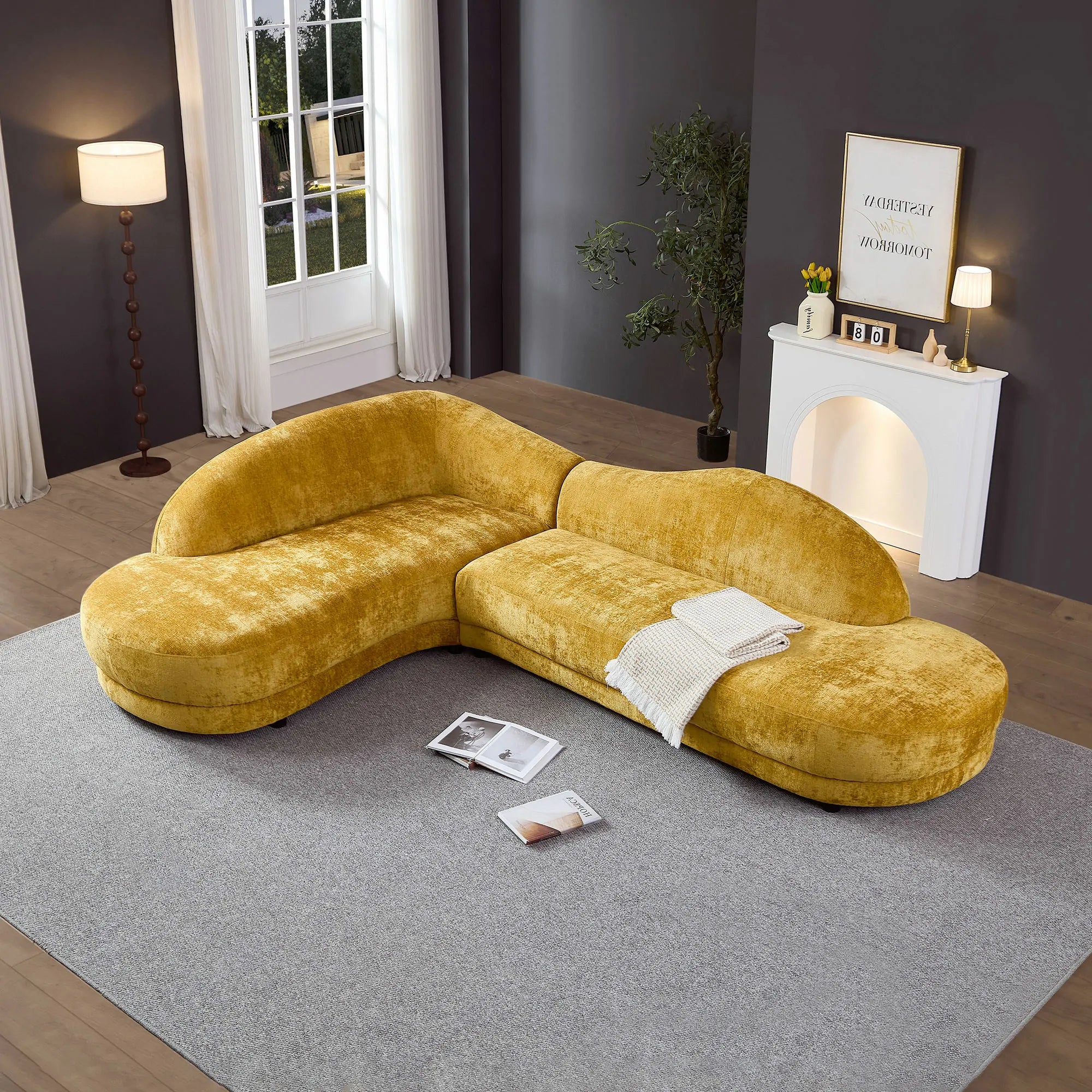 113.78" Mid-Century Chaise Sofa – Right Facing, Upholstered, Yellow - Image 7