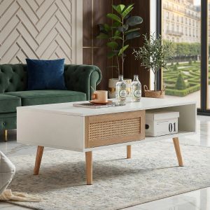 41.34" Rattan Coffee Table – Sliding Door Storage, Solid Wood Legs