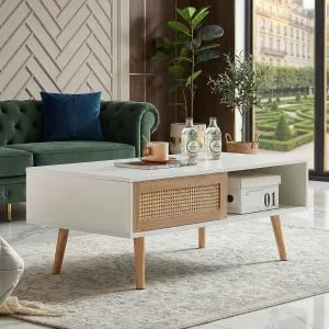 41.34" Rattan Coffee Table – Sliding Door Storage, Solid Wood Legs