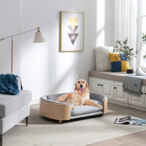 38.58"Scandinavian Dog Bed with Wood Legs & Bent Wood Back