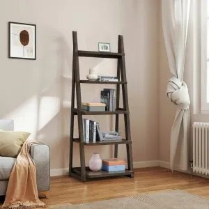 Rubber Wood Ladder Shelf - 5-Tier Bookcase for Multi-Room Use