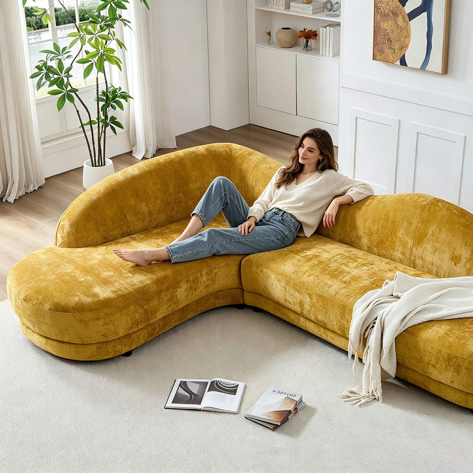 113.78" Mid-Century Chaise Sofa – Right Facing, Upholstered, Yellow - Image 2