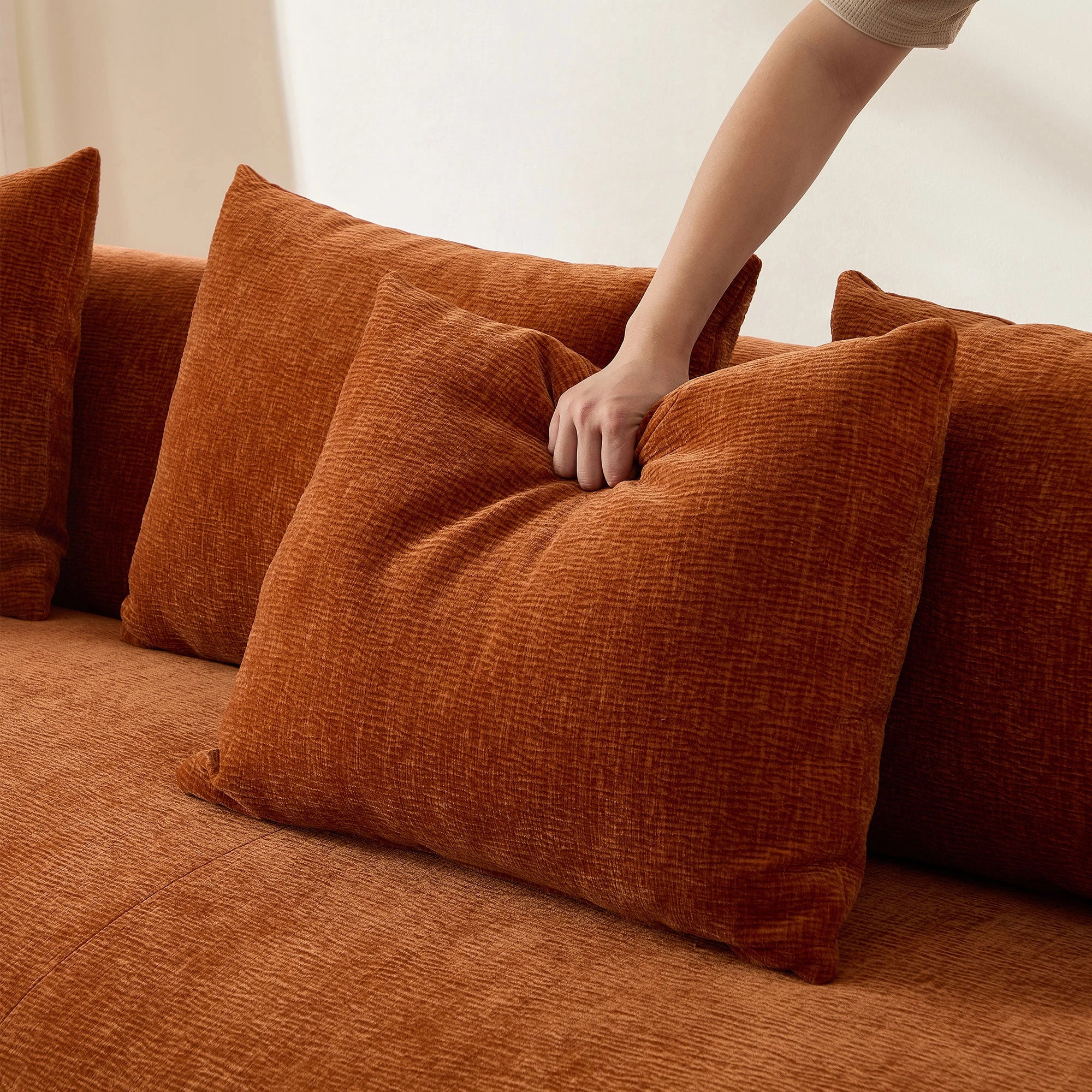 134.63" Tangerine Cluster L-Shape Sectional Sofa with Left/Right Facing Chaise & Ottoman, White/Brown, product photo 4