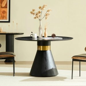 47.24" Round Dining Table – Black & Gold Pedestal, Glam