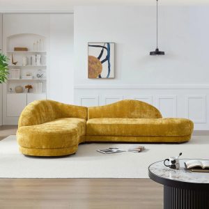 113.78" Mid-Century Chaise Sofa – Right Facing, Upholstered, Yellow
