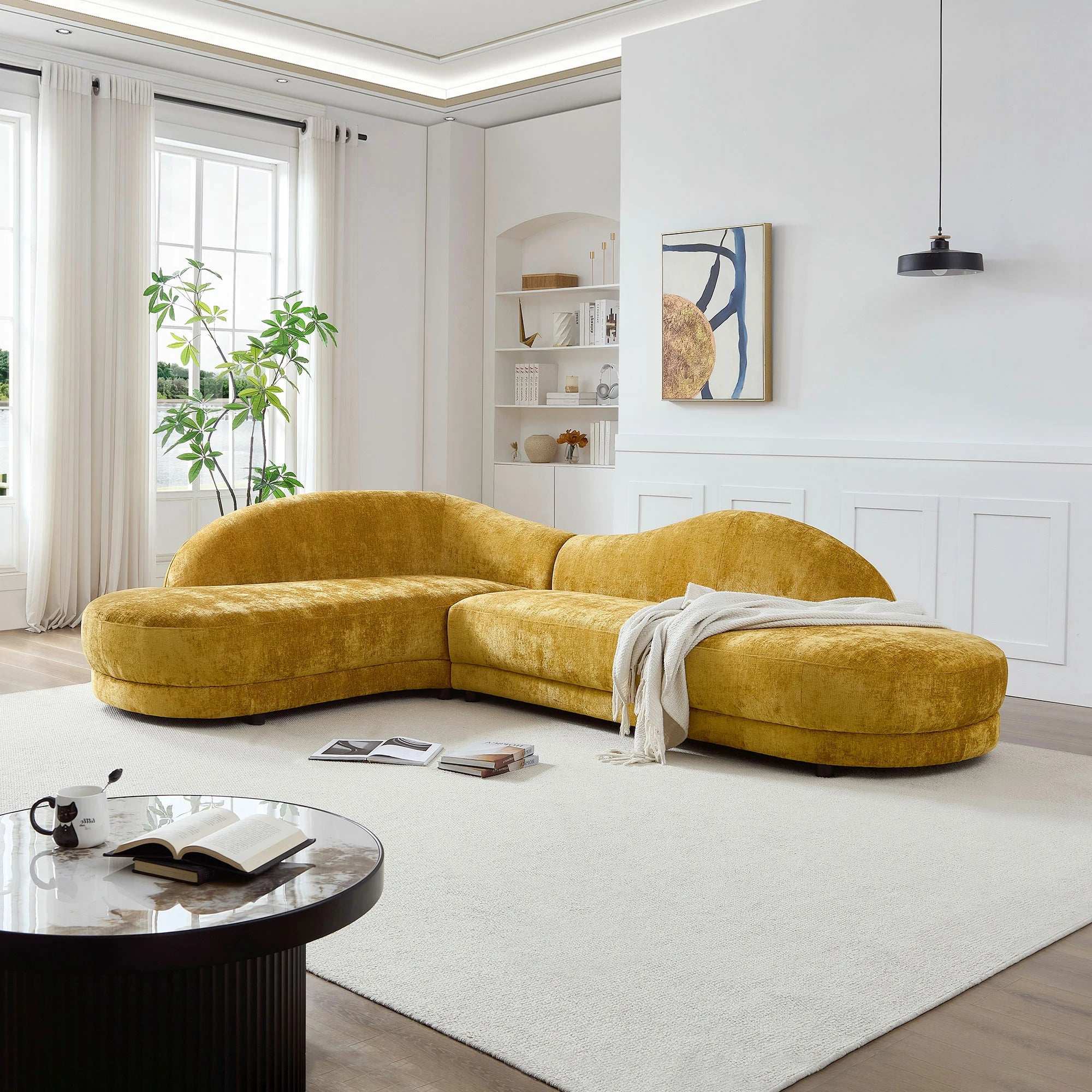 113.78" Mid-Century Chaise Sofa – Right Facing, Upholstered, Yellow - Image 3