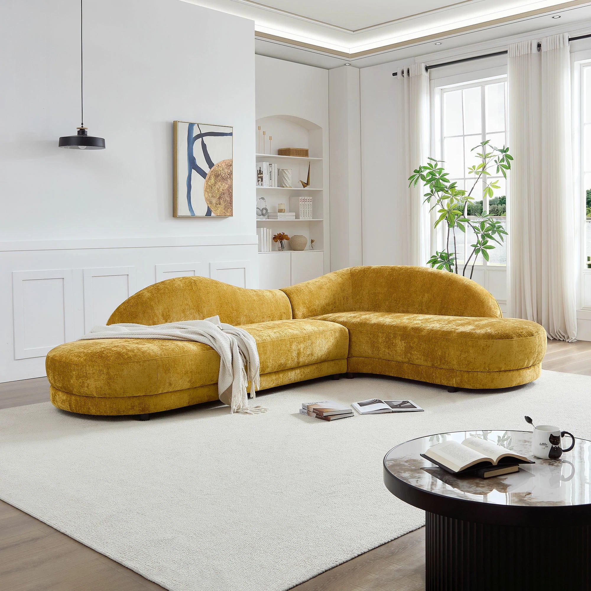 113.78" Mid-Century Chaise Sofa – Right Facing, Upholstered, Yellow - Image 14