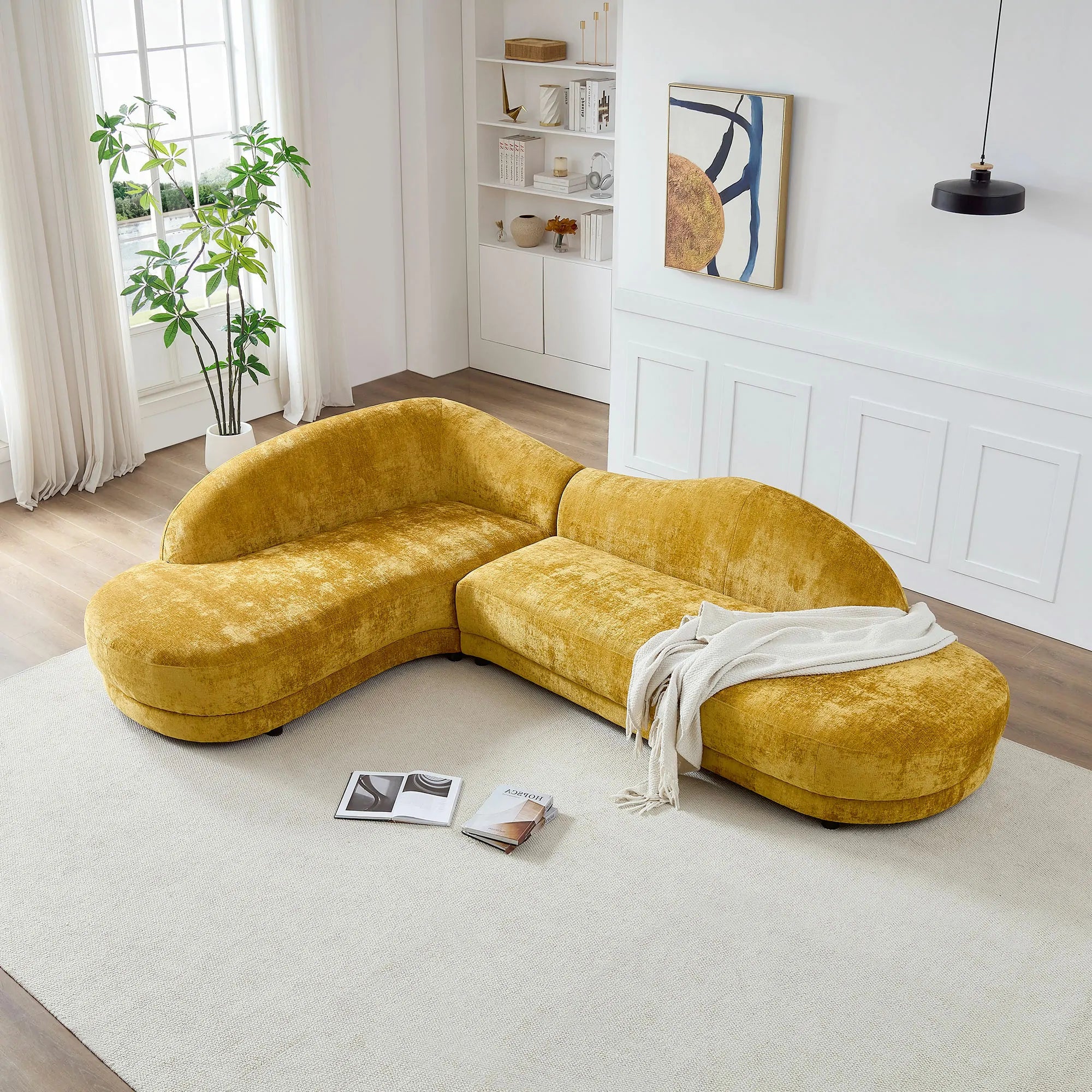 113.78" Mid-Century Chaise Sofa – Right Facing, Upholstered, Yellow - Image 4