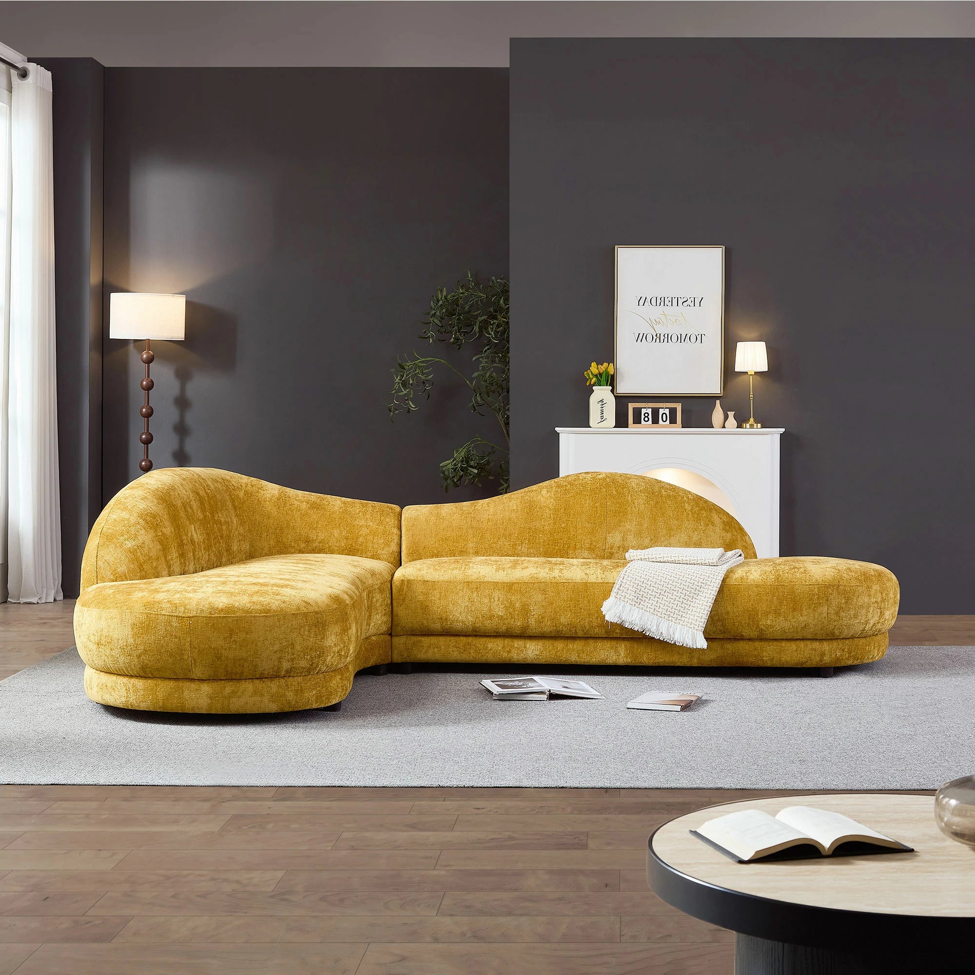 113.78" Mid-Century Chaise Sofa – Right Facing, Upholstered, Yellow - Image 5