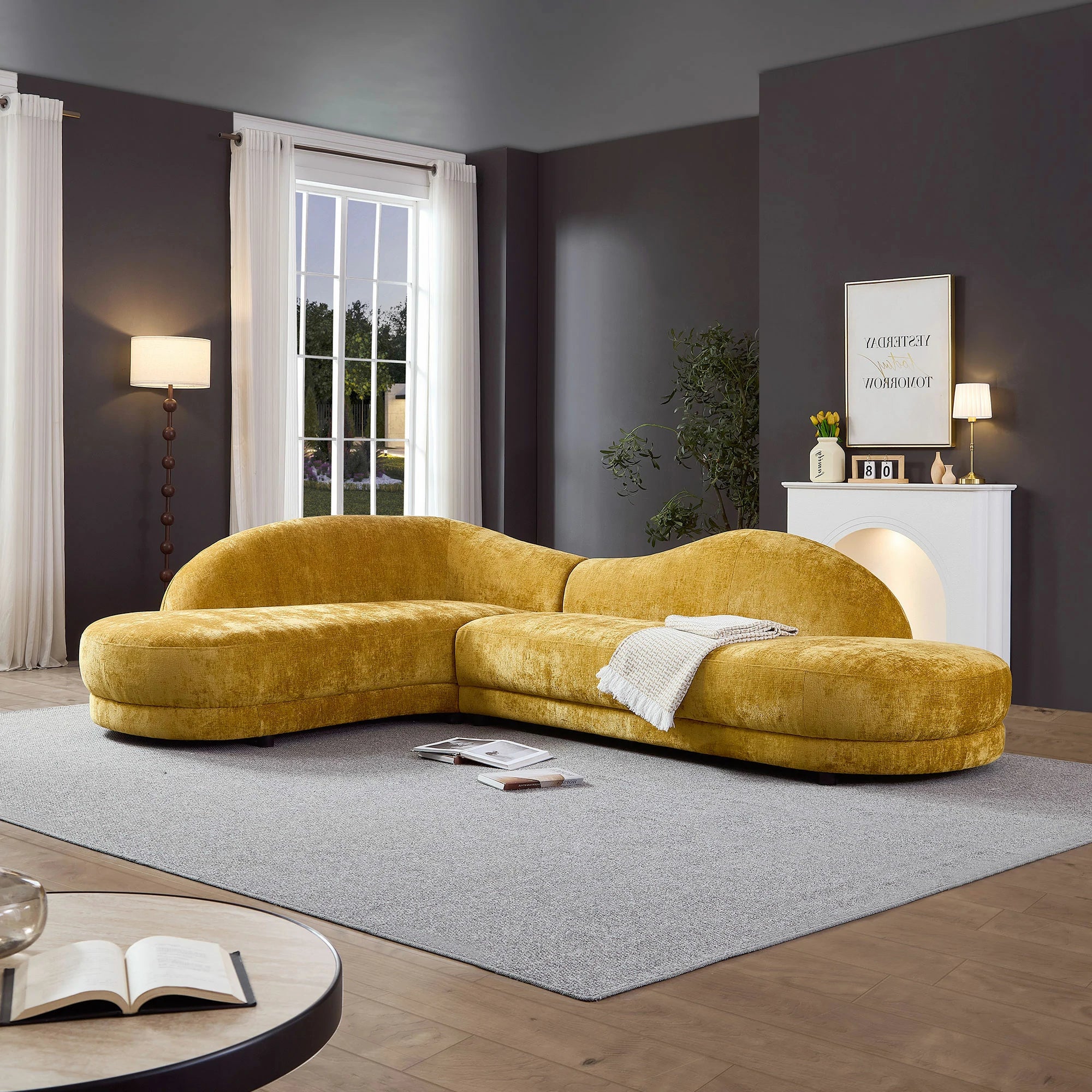 113.78" Mid-Century Chaise Sofa – Right Facing, Upholstered, Yellow - Image 6