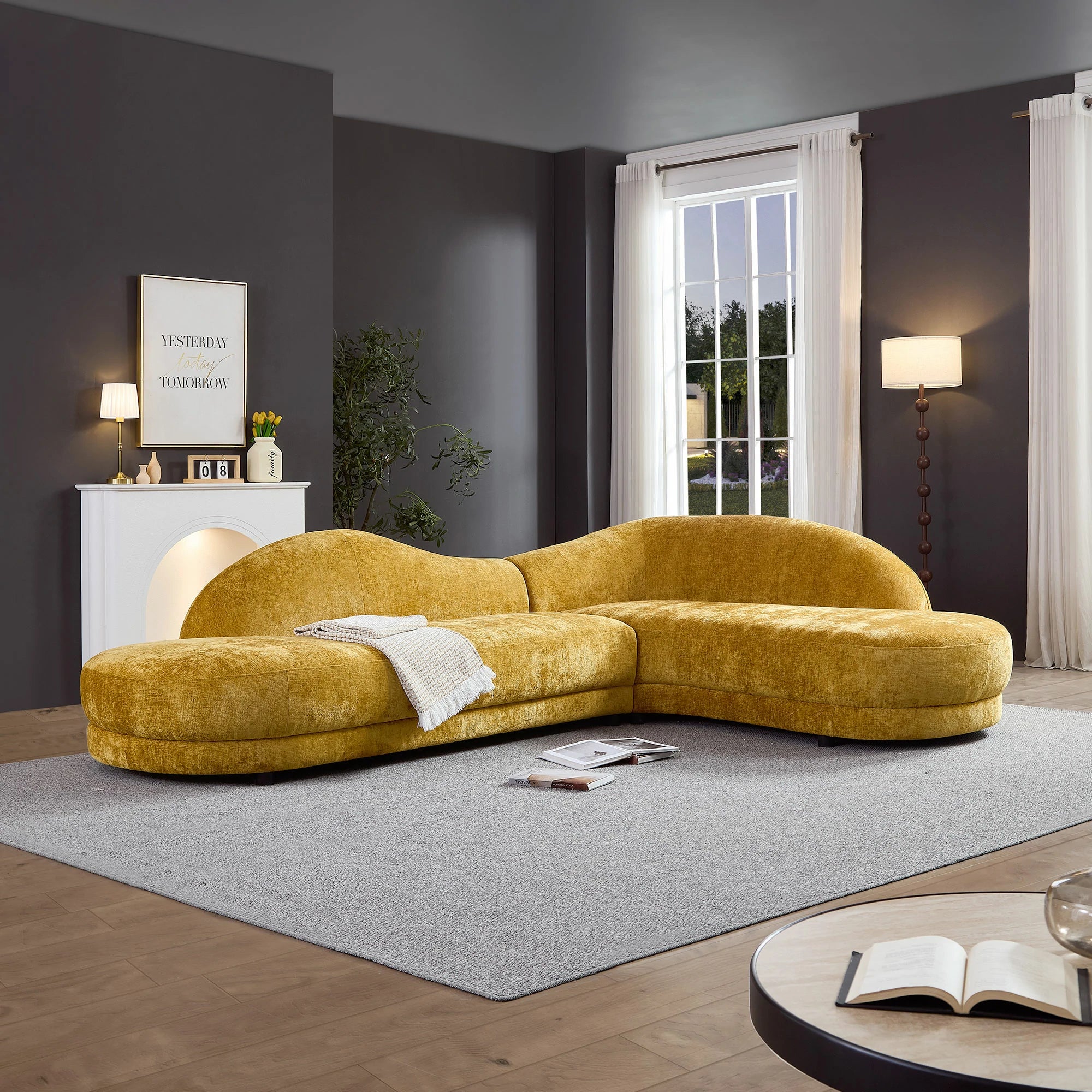 113.78" Mid-Century Chaise Sofa – Right Facing, Upholstered, Yellow - Image 16
