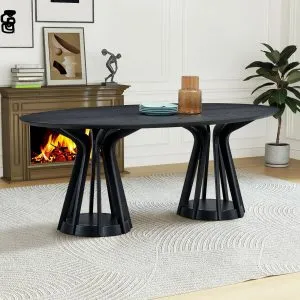 A round wooden dining table set for a meal