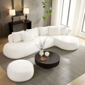 134.63" Tangerine Cluster L-Shape Sectional Sofa with Left/Right Facing Chaise & Ottoman, White/Brown