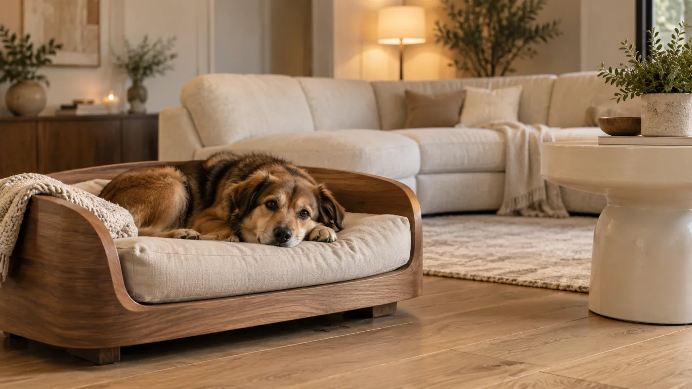 Walnut dog bed with a linen cushion beside a cream sectional in a Ridgewood living room